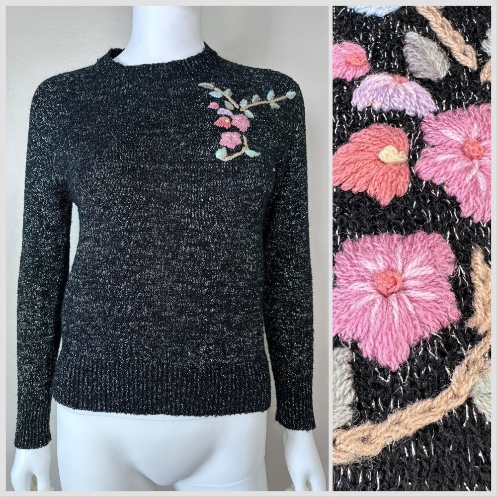 Vintage 1980s Black and Silver Sweater Floral Embroidery, Port Camard Size Small